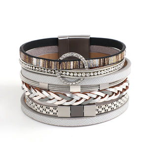 Rhinestone Round Metal Charm Bracelets for Women - Boho Layered Leather Wrap