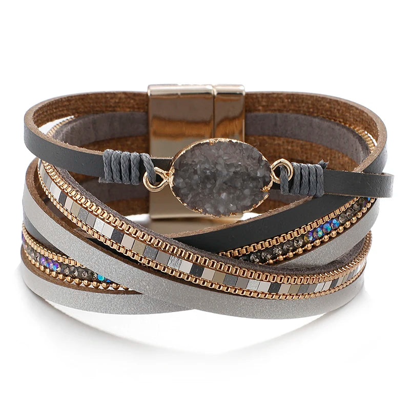 Stone Charm Leather Bracelets For Women Crystal Ladies Boho Wide Wrap Bracelet