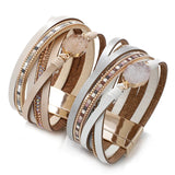 Stone Charm Leather Bracelets For Women Crystal Ladies Boho Wide Wrap Bracelet