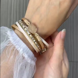 Stone Charm Leather Bracelets For Women Crystal Ladies Boho Wide Wrap Bracelet