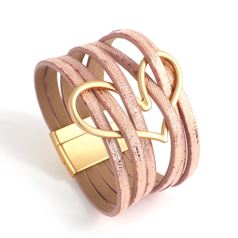Metal Heart Charm Wrap Bracelets Womens PU Leather Magnetic Bracelet