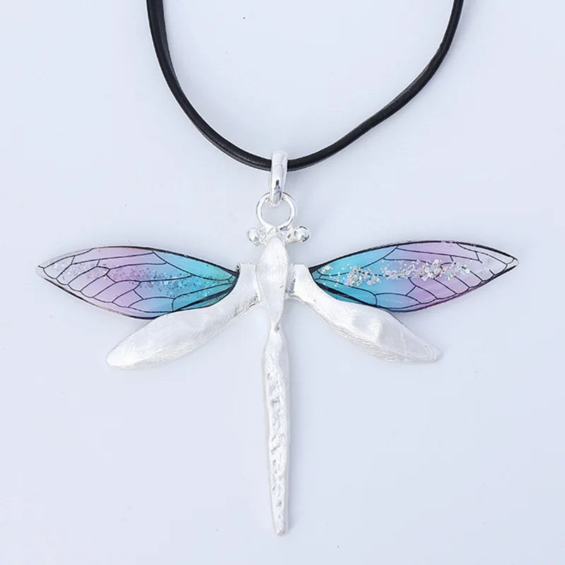 Resin Dragonfly Pendant Necklace Leather Chain Gift
