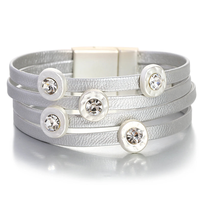 Crystal Silver Round Charm Leather Bracelets for Women