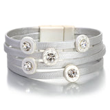 Crystal Silver Round Charm Leather Bracelets for Women