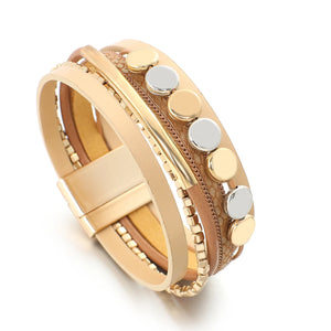 Metal Tube Beads Women Wrap Bracelet Leather Braided Cuff Bangle