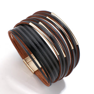 Curved Metal Bar Leather Magnetic Bracelet Wrap Cuff Bangle Jewelry