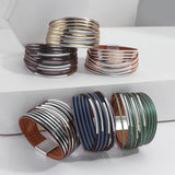 Curved Metal Bar Leather Magnetic Bracelet Wrap Cuff Bangle Jewelry