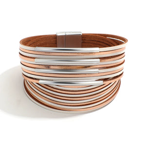 Curved Metal Bar Leather Magnetic Bracelet Wrap Cuff Bangle Jewelry