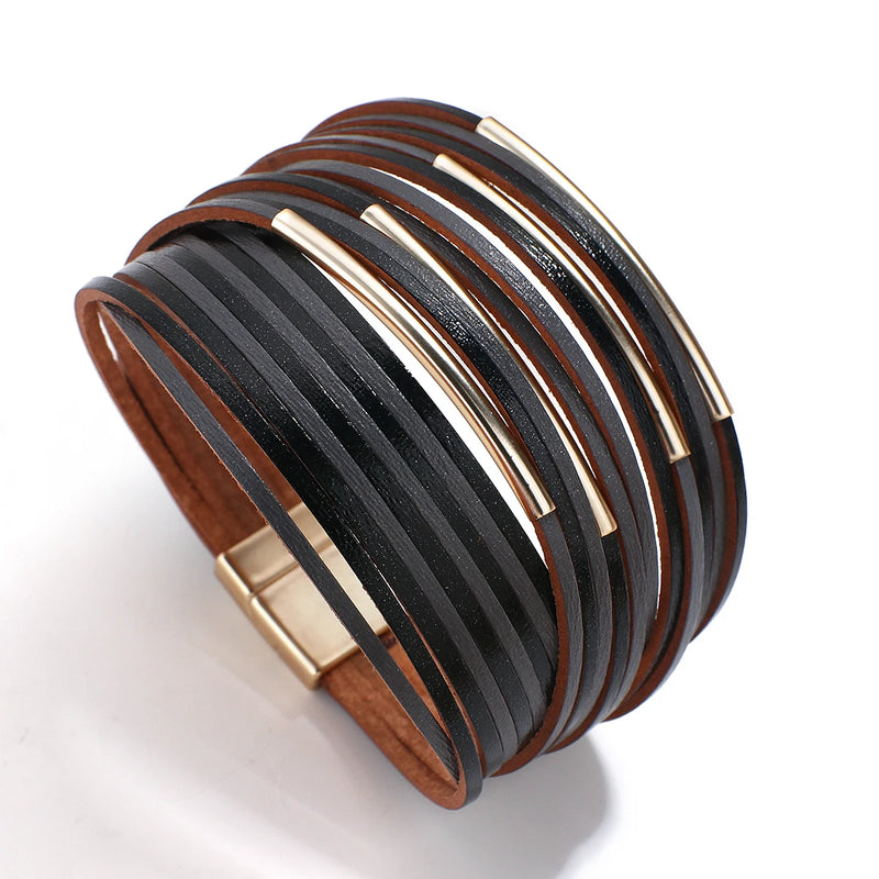 Curved Metal Bar Leather Magnetic Bracelet Wrap Cuff Bangle Jewelry
