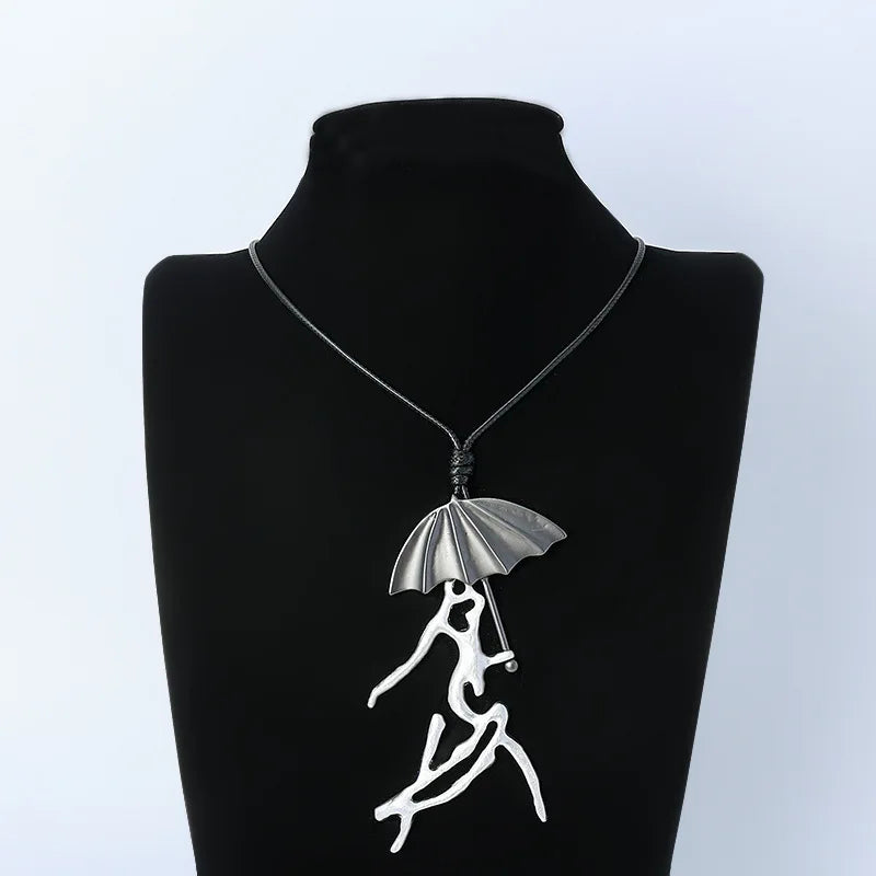 Umbrella Dancing Girl Pendant Necklace Vintage Long Leather Chain