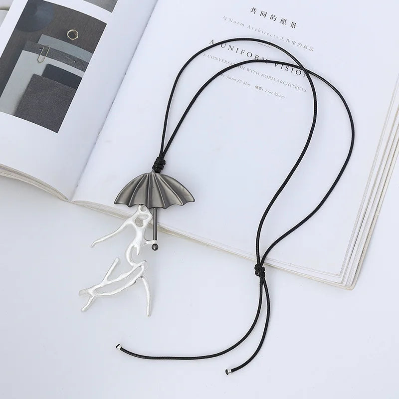 Umbrella Dancing Girl Pendant Necklace Vintage Long Leather Chain