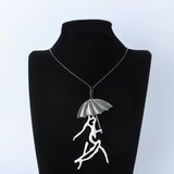 Umbrella Dancing Girl Pendant Necklace Vintage Long Leather Chain