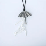 Umbrella Dancing Girl Pendant Necklace Vintage Long Leather Chain