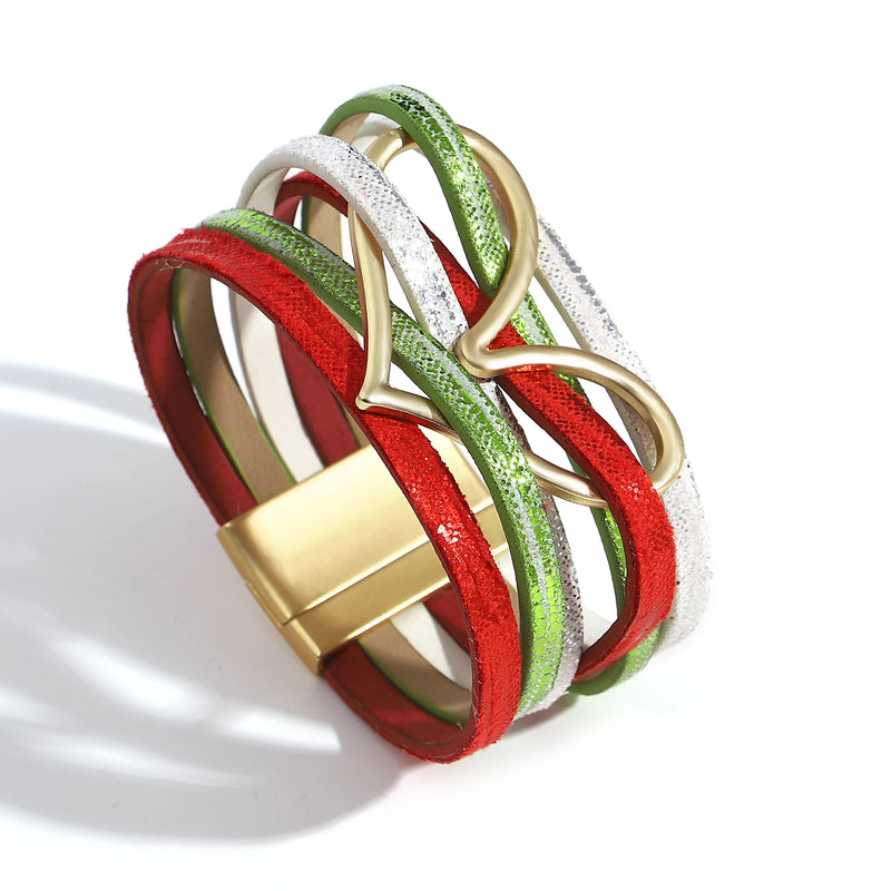 Red Leather Charm Heart Bracelet Women Wrap Lady Jewelry