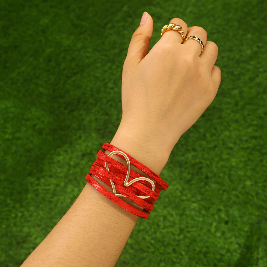Red Leather Charm Heart Bracelet Women Wrap Lady Jewelry