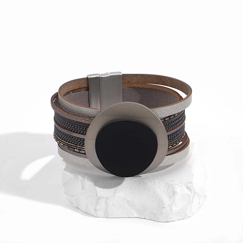 Vintage Geometric Metal Wrap Bracelet Circle Charm Leather Bracelets