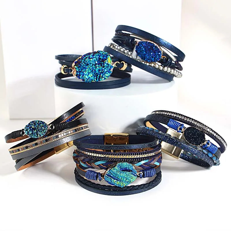 Vintage Resin Stone Charm Women Leather Bracelet