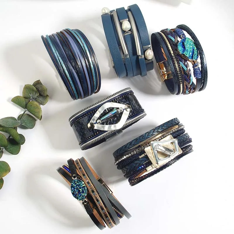 Vintage Resin Stone Charm Women Leather Bracelet