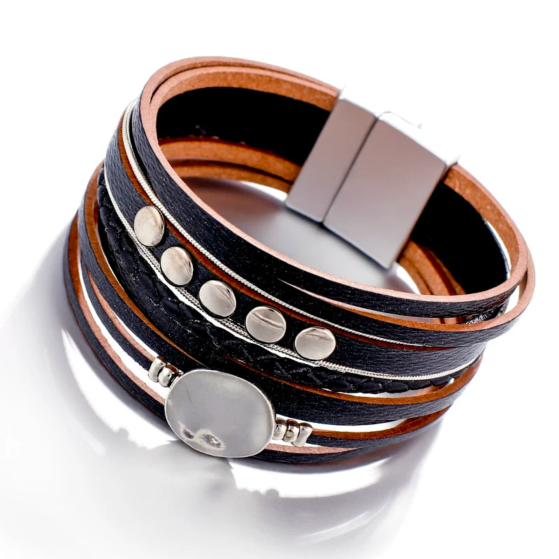 Vintage Geometric Round Metal Charm Wide Bracelet Braided Leather Wrap