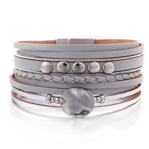 Vintage Geometric Round Metal Charm Wide Bracelet Braided Leather Wrap