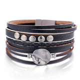 Vintage Geometric Round Metal Charm Wide Bracelet Braided Leather Wrap