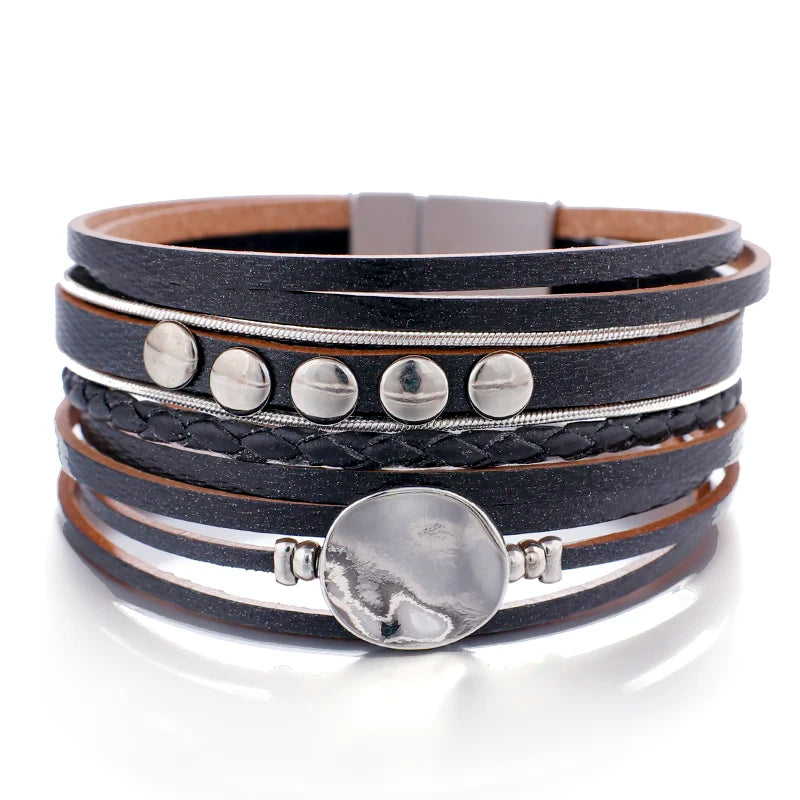 Vintage Geometric Round Metal Charm Wide Bracelet Braided Leather Wrap