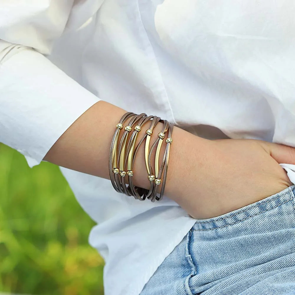 Vintage Metal Bar Leather Bracelet for Women