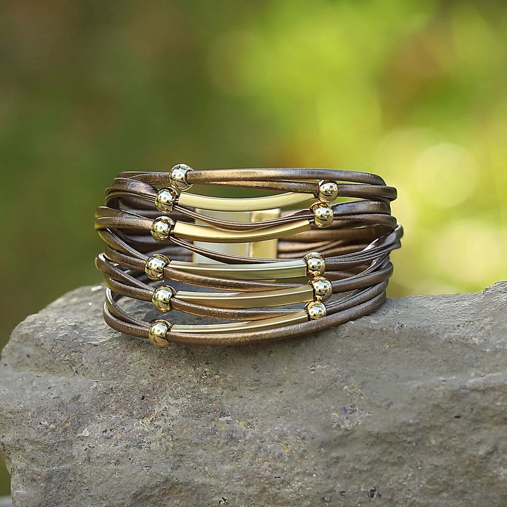 Vintage Metal Bar Leather Bracelet for Women