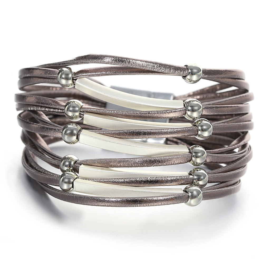 Vintage Metal Bar Leather Bracelet for Women