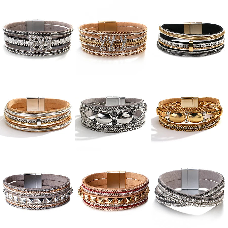 Vintage Leather Bracelet with Metal Charms Chains Studs