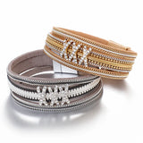 Vintage Leather Bracelet with Metal Charms Chains Studs