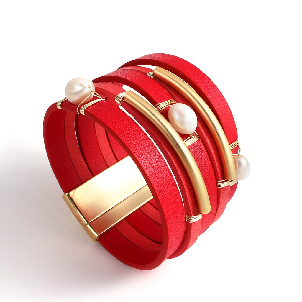 Vintage Natural Pearls Beads Leather Wrap Bracelets for Women Girls