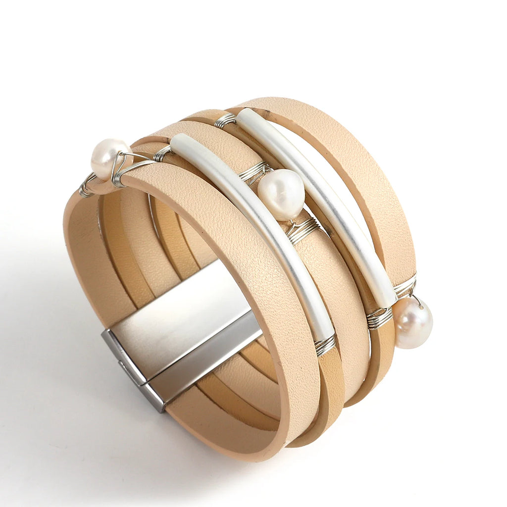 Vintage Natural Pearls Beads Leather Wrap Bracelets for Women Girls