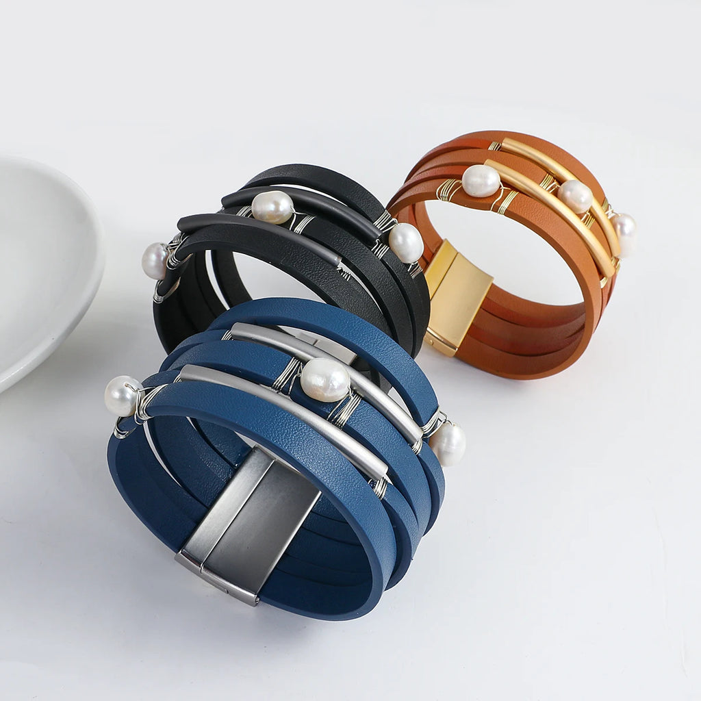Vintage Natural Pearls Beads Leather Wrap Bracelets for Women Girls