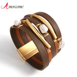 Vintage Natural Pearls Beads Leather Wrap Bracelets for Women Girls