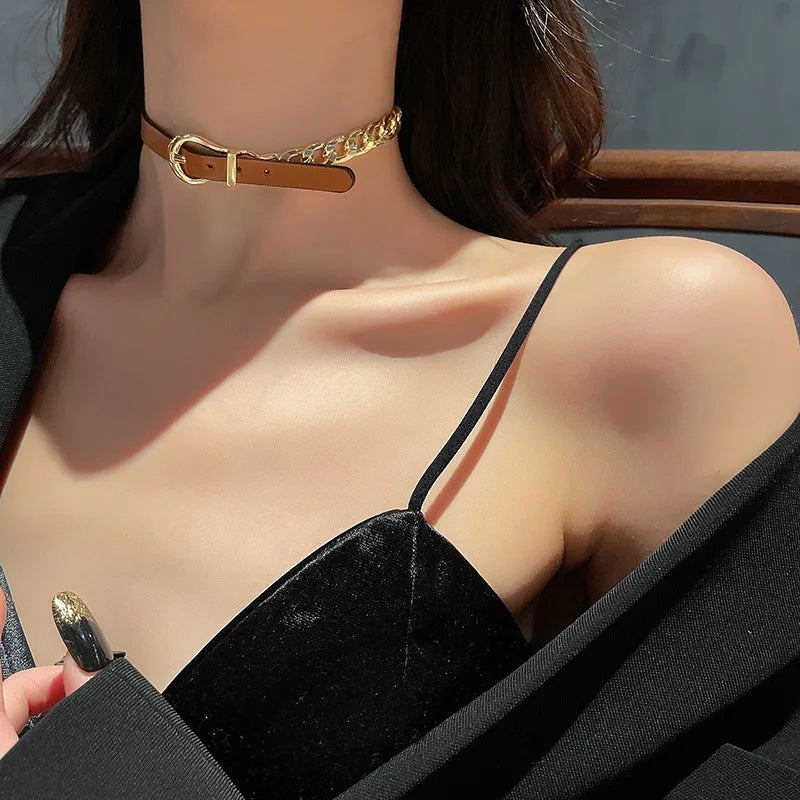 Women Punk PU Leather Choker Chain Collar Necklace Hip Hop Girls Party Jewelry