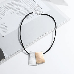 Short Leather Choker Collar with Square Pendant Necklace