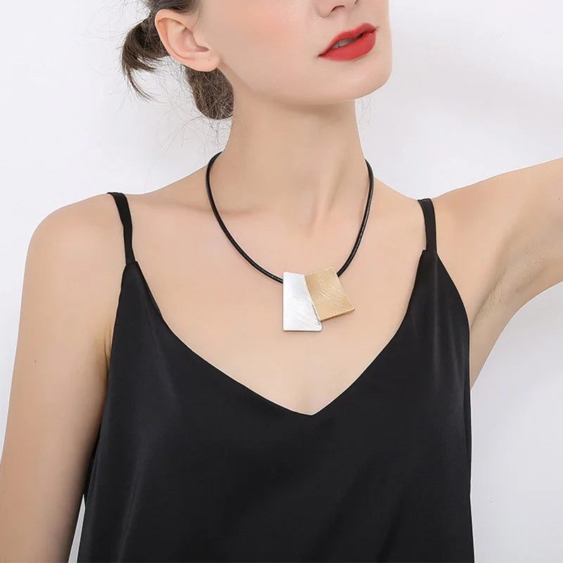 Short Leather Choker Collar with Square Pendant Necklace