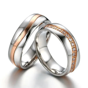 Amvie Couple Rings Zircon Inlay Stainless Steel Double Wedding Engagement Gift