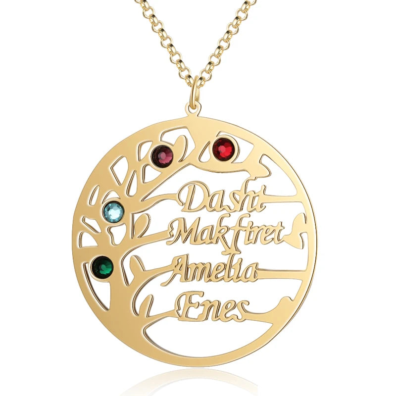 Personalized Family Name Tree Pendant Necklace, Engrave 2-4 Names, Women's Gift