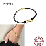 Amxiu Bowknot Bracelet 925 Silver Bangle Personalized Leather Jewelry