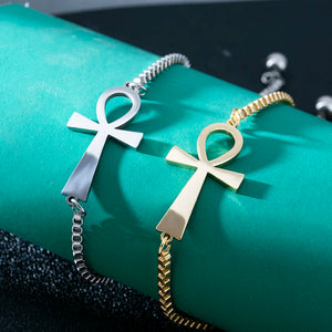 Egyptian Ankh Cross Bracelet Stainless Steel Box Chain Charms Vintage Jewelry