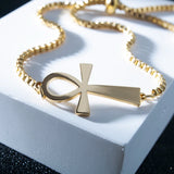 Egyptian Ankh Cross Bracelet Stainless Steel Box Chain Charms Vintage Jewelry