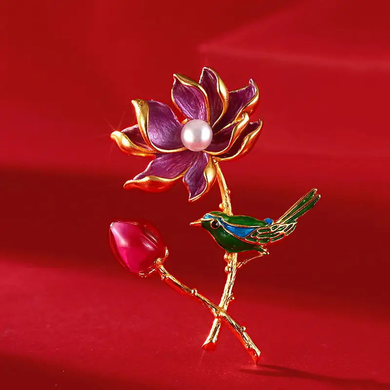 Enamel Porcelain Pearl Flower Ladies Brooch Vintage Chinese Cheongsam Accessory