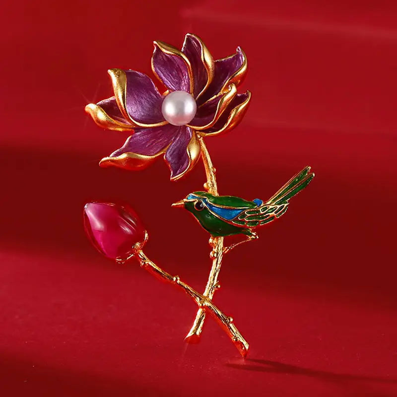 Vintage Chinese Style Enamel Porcelain Flower Brooch