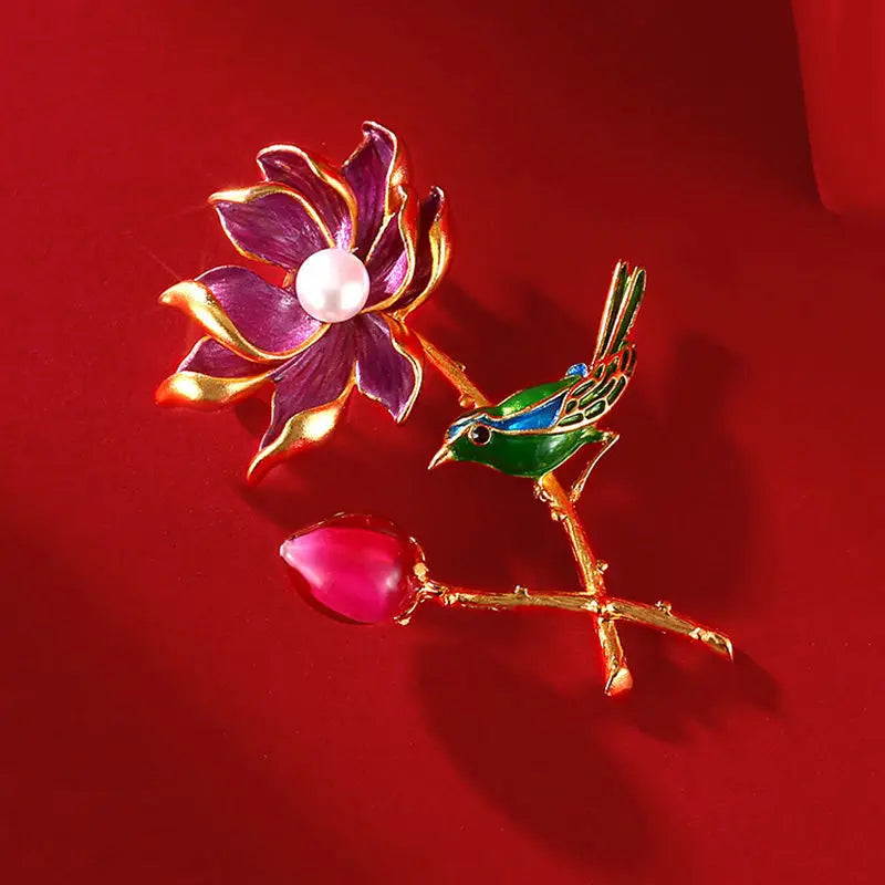 Enamel Porcelain Pearl Flower Ladies Brooch Vintage Chinese Cheongsam Accessory