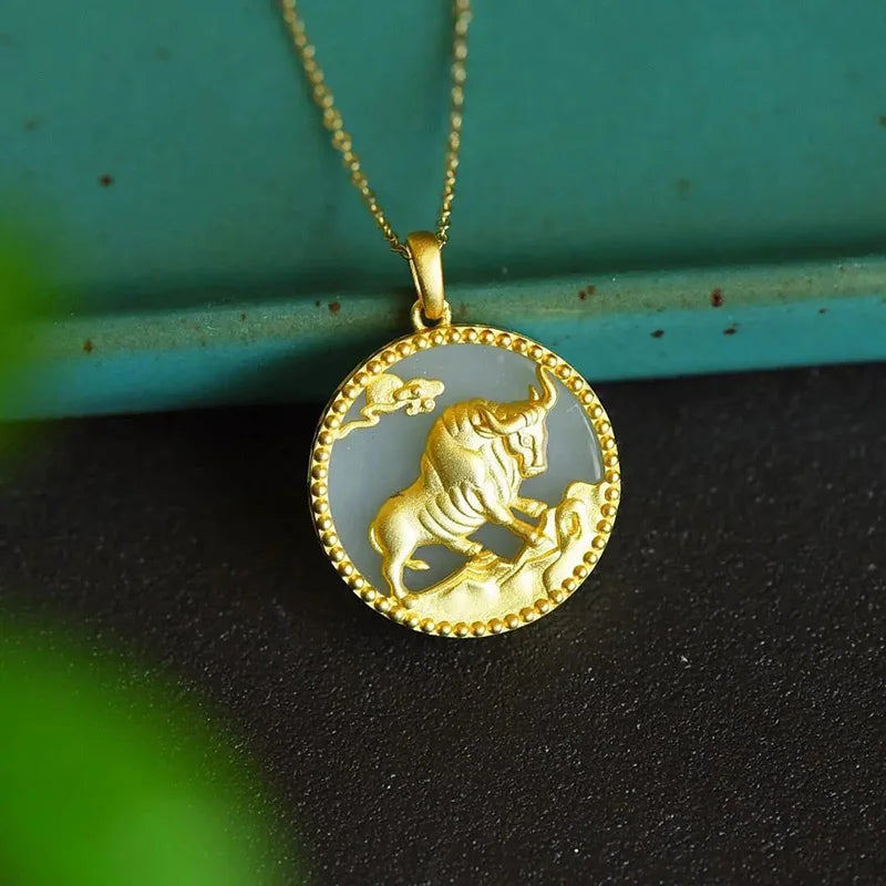 Vintage Natural Hetian Jade Bull Pendant Necklace Chinese Silver Jewelry