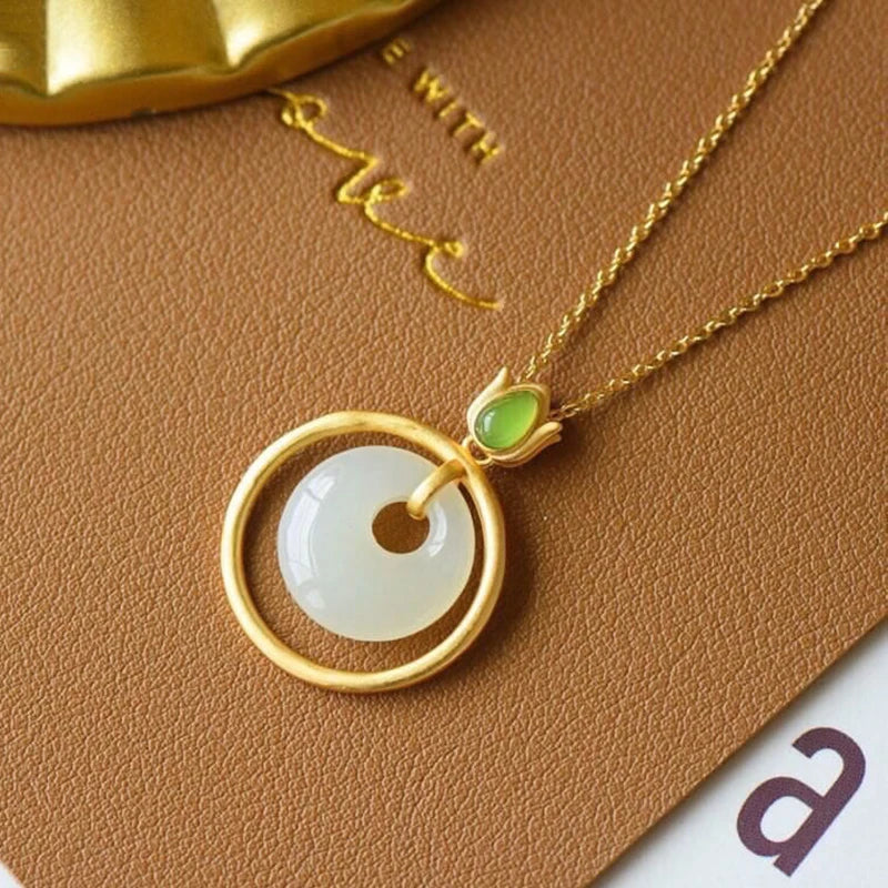 Chinese Style Hetian Jade Round Necklace Pendant for Women's Jewelry