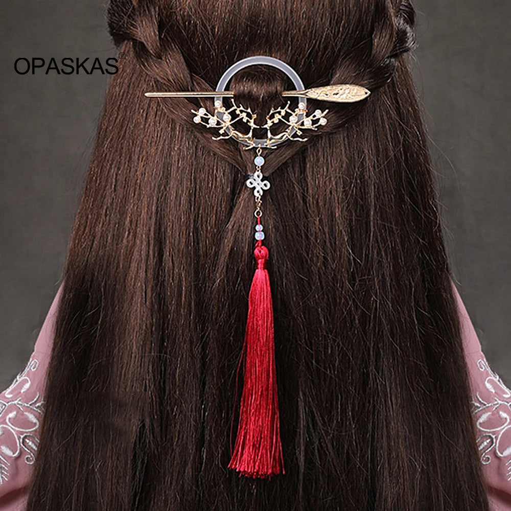 Vintage Alloy Tassel Deer Pearl Hair Sticks for Women Girls