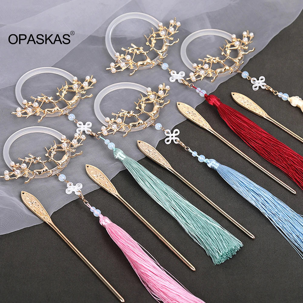 Vintage Alloy Tassel Deer Pearl Hair Sticks for Women Girls
